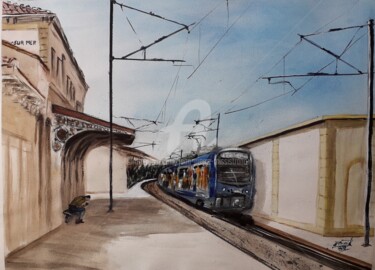 Schilderij getiteld "Gare de Six-Fours,…" door Jean-Pierre Missistrano, Origineel Kunstwerk, Aquarel