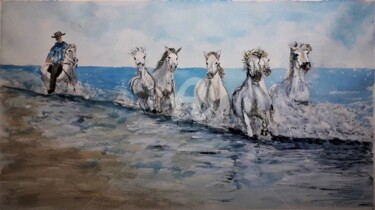 Painting titled ""Chevaux sauvages e…" by Jean-Pierre Missistrano, Original Artwork, Watercolor