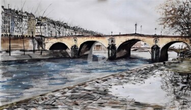 Pittura intitolato ""La flaque du Pont…" da Jean-Pierre Missistrano, Opera d'arte originale, Acquarello