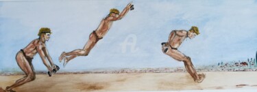 Peinture intitulée ""Saut en longueur à…" par Jean-Pierre Missistrano, Œuvre d'art originale, Aquarelle