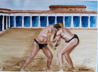 Malerei mit dem Titel ""La lutte à Olympie"" von Jean-Pierre Missistrano, Original-Kunstwerk, Aquarell