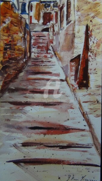 Schilderij getiteld "Une rue de village." door Jean-Pierre Missistrano, Origineel Kunstwerk, Aquarel