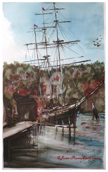 Painting titled "Trois Mâts-Barque,…" by Jean-Pierre Missistrano, Original Artwork, Watercolor