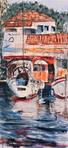 Malerei mit dem Titel "Restaurant à quai" von Jean-Pierre Missistrano, Original-Kunstwerk, Aquarell