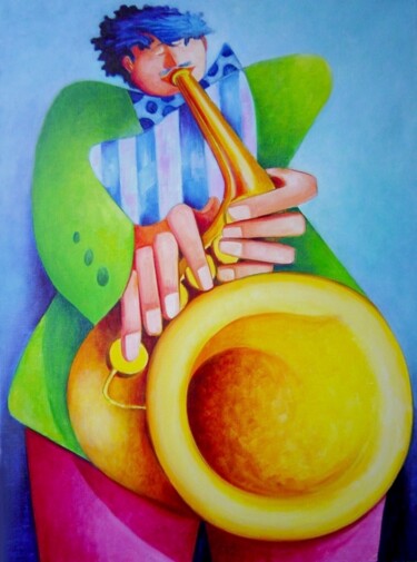 Painting titled "Saxo !!!" by Jean Pierre Poveda, Original Artwork, Oil