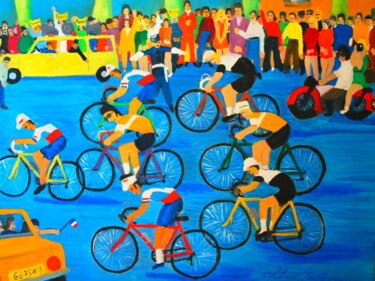 제목이 "les coureurs cyclis…"인 미술작품 Jean-Pierre Tastevin로, 원작, 기름 나무 들것 프레임에 장착됨