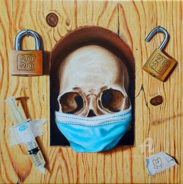Painting titled "Masque obligatoire" by Jean-Pierre Walter, Original Artwork, Oil Mounted on Wood Stretcher frame