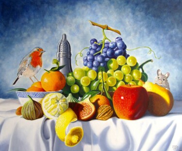 Painting titled "L'île aux fruits" by Jean-Pierre Walter, Original Artwork, Oil Mounted on Wood Stretcher frame