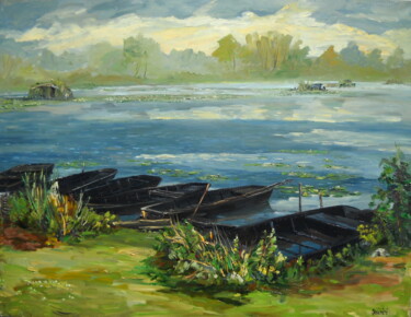 Pittura intitolato "Les barques" da Jean Quéméré, Opera d'arte originale, Olio