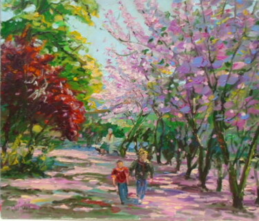 Malarstwo zatytułowany „arbres rose et deux…” autorstwa Jean Quéméré, Oryginalna praca, Olej Zamontowany na Drewniana rama n…