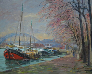 Peinture intitulée "La Seine à Paris .…" par Jean Quéméré, Œuvre d'art originale, Huile