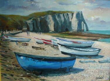 Painting titled "plage d'Etretat (61…" by Jean Quéméré, Original Artwork, Oil