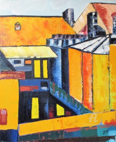 Painting titled "Rue Ronchaux" by Jean Rebel, Original Artwork, Oil Mounted on Wood Stretcher frame