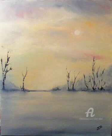 Painting titled "Hiver" by Jean Rebel, Original Artwork, Oil Mounted on Wood Stretcher frame