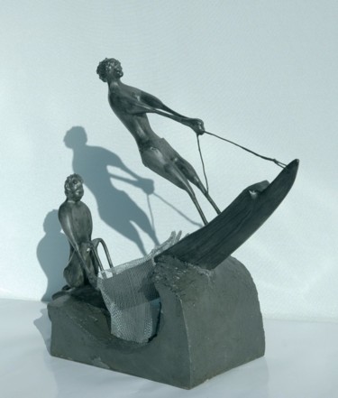 Sculpture titled "La pêche en bord de…" by Jean Remaury, Original Artwork, Metals