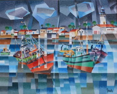 Peinture intitulée "FLOTILLE A MAREE BA…" par Jean Rougerie, Œuvre d'art originale, Huile