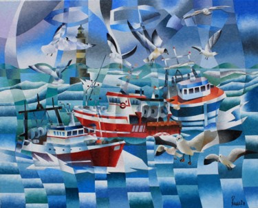 Malerei mit dem Titel "PECHE SUR L OCEAN" von Jean Rougerie, Original-Kunstwerk, Öl