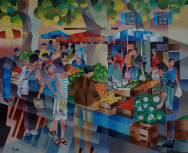 Painting titled "Marché d'occitanie…" by Jean Rougerie, Original Artwork, Oil Mounted on Wood Stretcher frame