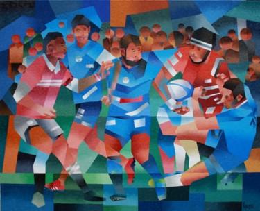 Painting titled "MATCH DE RUGBY" by Jean Rougerie, Original Artwork, Oil Mounted on Wood Stretcher frame