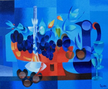 Painting titled "Nature morte bleue" by Jean Rougerie, Original Artwork, Oil