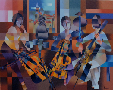 Painting titled "LES DAMES AUX VIOLO…" by Jean Rougerie, Original Artwork, Oil Mounted on Wood Stretcher frame