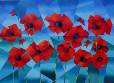 Painting titled "COQUELICOTS DES CHA…" by Jean Rougerie, Original Artwork, Oil Mounted on Wood Stretcher frame