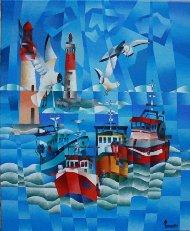 Peinture intitulée "PECHE SUR L 'OCEAN" par Jean Rougerie, Œuvre d'art originale, Huile