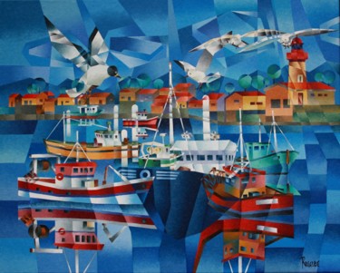 Painting titled "RETOUR DE PECHE MAR…" by Jean Rougerie, Original Artwork, Oil Mounted on Wood Stretcher frame
