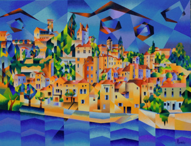 Painting titled "PUY L EVEQUE DANS L…" by Jean Rougerie, Original Artwork, Oil Mounted on Wood Stretcher frame