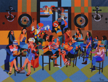 Painting titled "Le Café des Marinie…" by Jean Rougerie, Original Artwork, Oil Mounted on Wood Stretcher frame
