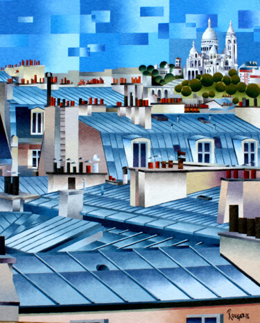 Painting titled "VUE SUR LE SACRE CO…" by Jean Rougerie, Original Artwork, Oil Mounted on Wood Stretcher frame