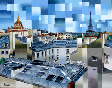 Картина под названием "TOITS DE PARIS - In…" - Jean Rougerie, Подлинное произведение искусства, Масло Установлен на Деревянн…