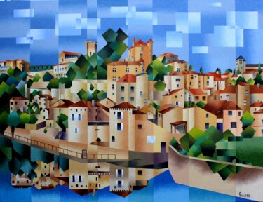 Painting titled "VILLAGE DE PUY L 'E…" by Jean Rougerie, Original Artwork, Oil Mounted on Wood Stretcher frame