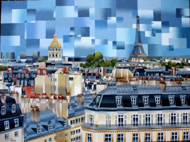 Painting titled "TOITS DE PARIS" by Jean Rougerie, Original Artwork, Oil Mounted on Wood Stretcher frame