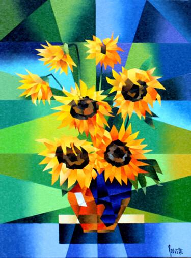 Painting titled "TOURNESOLS" by Jean Rougerie, Original Artwork, Oil Mounted on Wood Stretcher frame