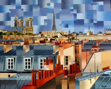 Painting titled "VUE SUR NOTRE DAME…" by Jean Rougerie, Original Artwork, Oil Mounted on Wood Stretcher frame