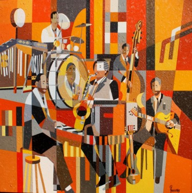 Painting titled "LES QUATRES JAZZMAN" by Jean Rougerie, Original Artwork, Oil Mounted on Wood Stretcher frame