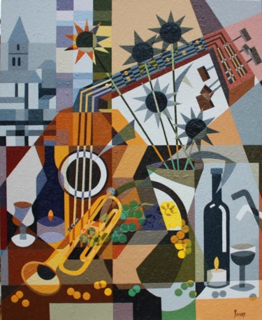 Painting titled "TROMPETTE ET GUITARE" by Jean Rougerie, Original Artwork, Oil Mounted on Wood Stretcher frame