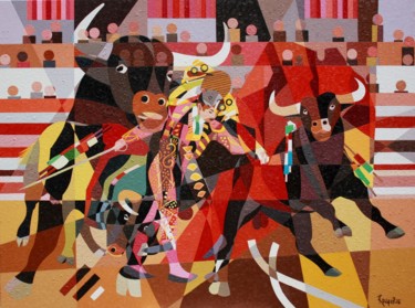 Painting titled "SCENE DE TAUROMACHIE" by Jean Rougerie, Original Artwork, Oil Mounted on Wood Stretcher frame
