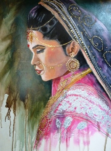 Pintura intitulada "femme indienne en t…" por Jean Senterre, Obras de arte originais, Acrílico