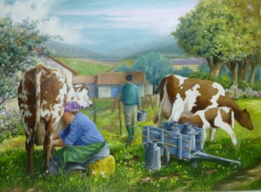 Peinture intitulée "a la ferme" par Jean Senterre, Œuvre d'art originale, Huile