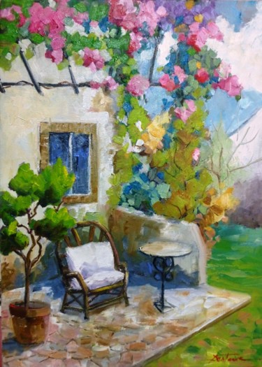 Painting titled "la terrasse" by Jean Senterre, Original Artwork, Oil Mounted on Wood Stretcher frame