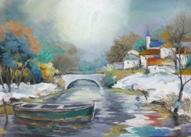 Peinture intitulée "la riviere en hiver" par Jean Senterre, Œuvre d'art originale, Huile