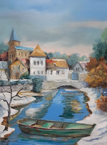 Painting titled "scene en hiver  sur…" by Jean Senterre, Original Artwork, Oil