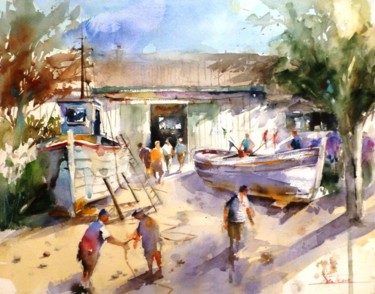 Pintura intitulada "le garage aux batea…" por Jean Senterre, Obras de arte originais, Aquarela