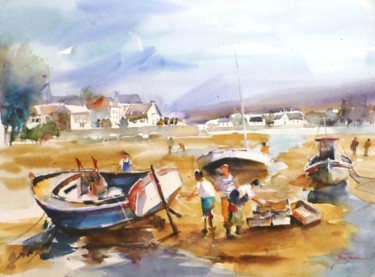 Painting titled "retour de peche 3" by Jean Senterre, Original Artwork, Watercolor