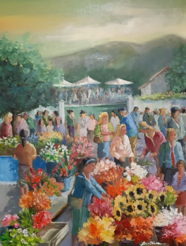 Peinture intitulée "marché aux fleurs 4" par Jean Senterre, Œuvre d'art originale, Huile