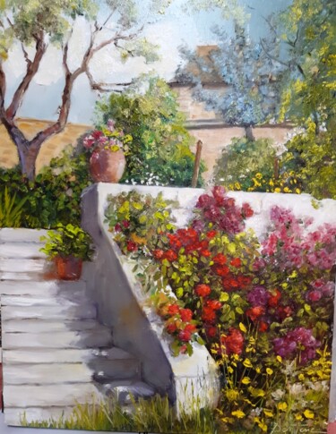 Painting titled "l escalier fleuri" by Jean Senterre, Original Artwork, Oil