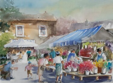 Painting titled "le marché   du jeudi" by Jean Senterre, Original Artwork, Watercolor