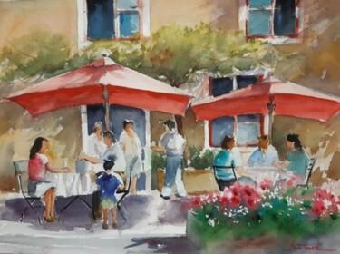 Painting titled "la terrasse de café" by Jean Senterre, Original Artwork, Watercolor